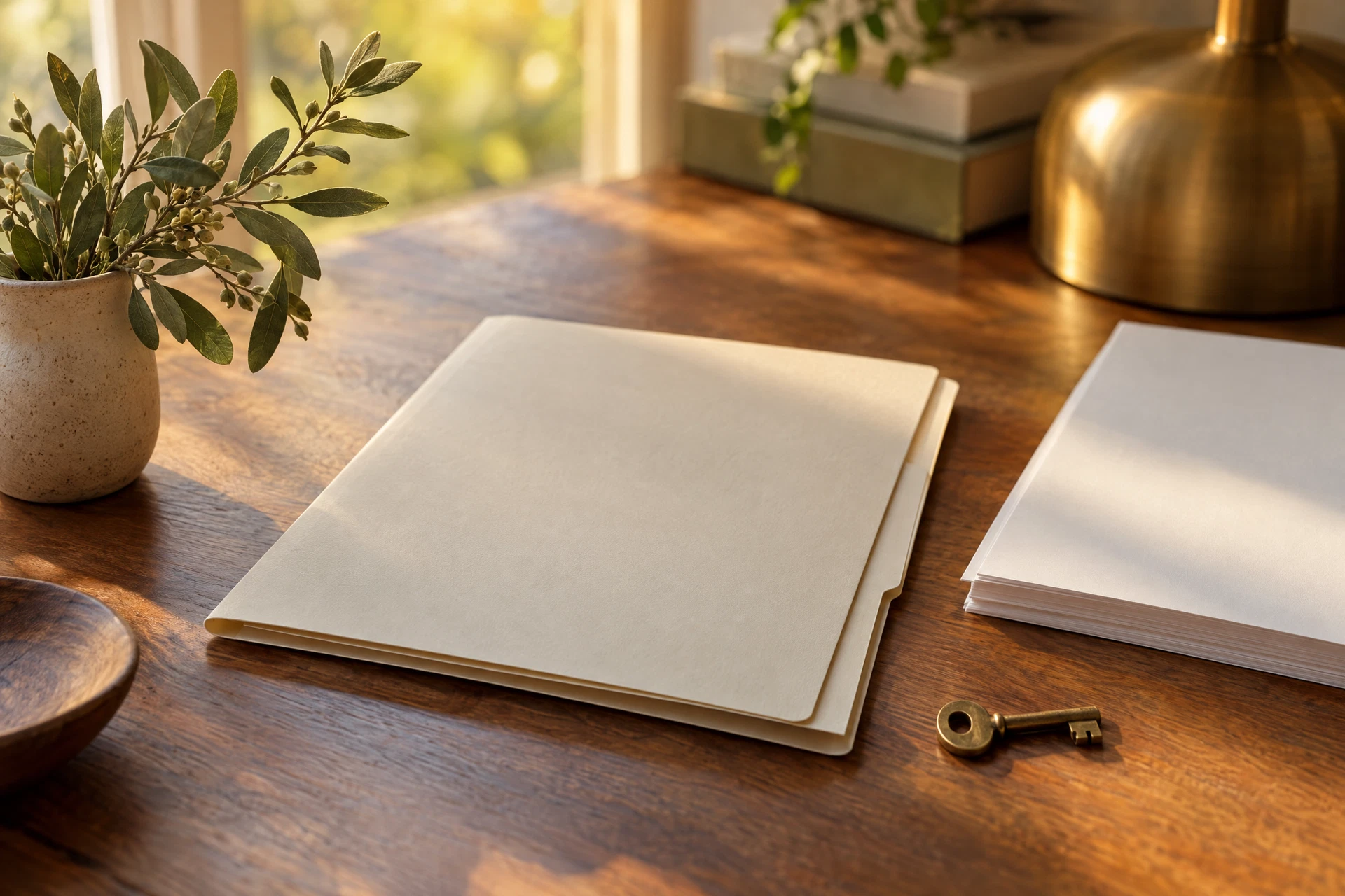 Neutral paper folder and blank sheets beside a small brass key