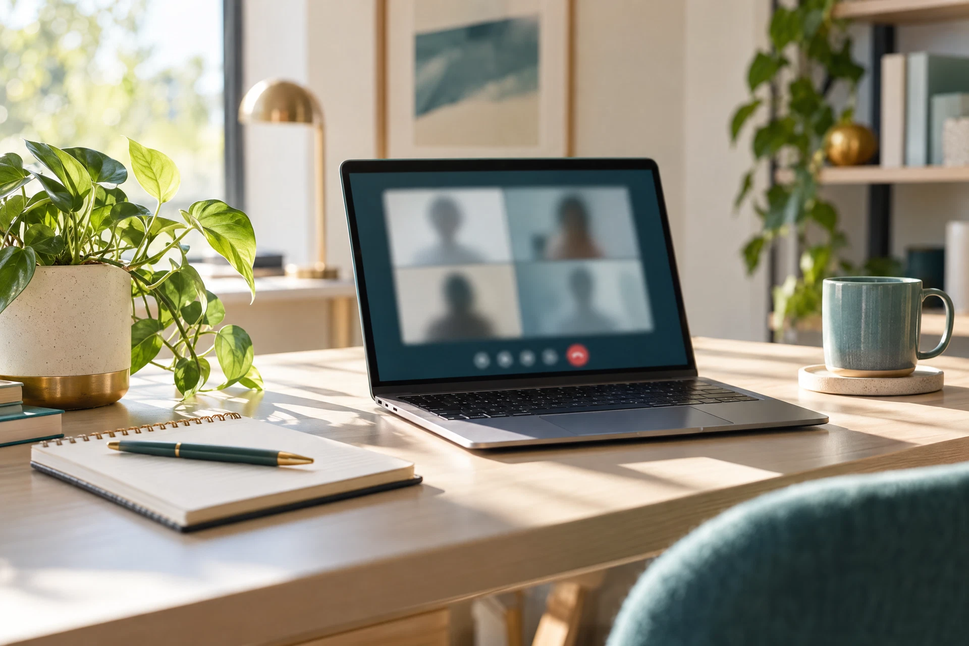 Laptop and notebook on a quiet desk beside a small plant